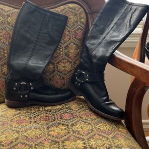 Frye Black Leather Tall Harness Flat Boots 6